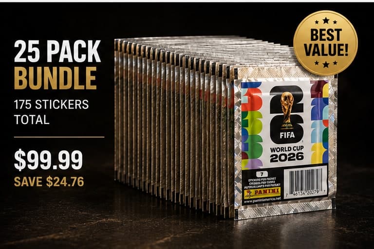25 Pack Mega Bundle of FIFA World Cup 2026 Panini sticker packs — 175 stickers, $99.99