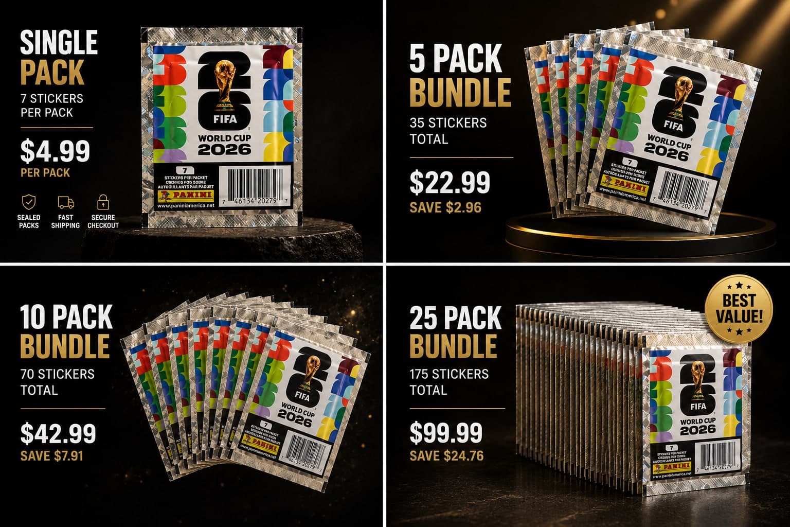 The full World Cup Stickerz lineup: Single, 5, 10, and 25 pack bundles of sealed FIFA World Cup 2026 sticker packs